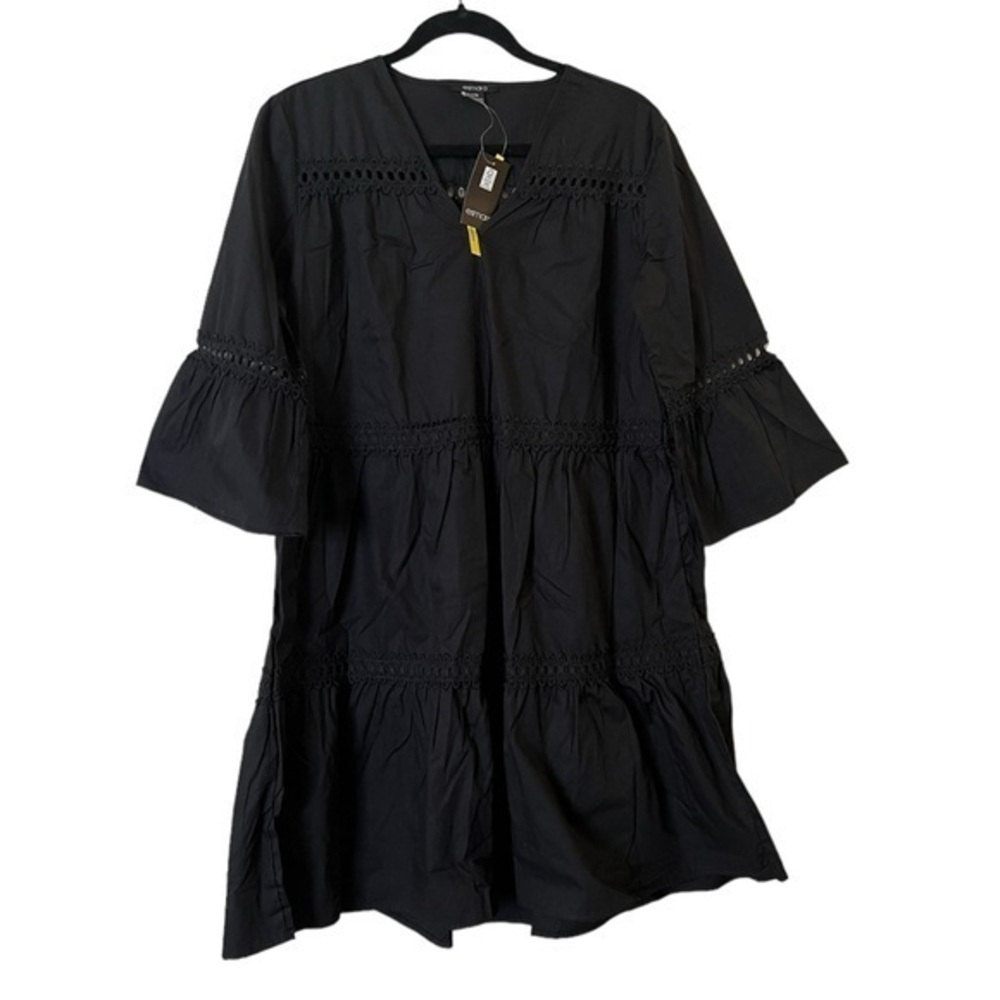 NWT ESMARA Long Sleeve Solid Black Tiered 100% Cotton Midi Dress w/ Eyelet Trim